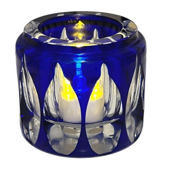VTG PLATA LAPPAS Hand Blown Cut to Clear Crystal Cobalt Blue Candle Holder Jar - Picture 2 of 10